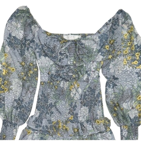 ASTR The Label Marietta Mini Dress Sky Blue Floral Ruffle Long Sleeve smocked XS - Picture 5 of 12
